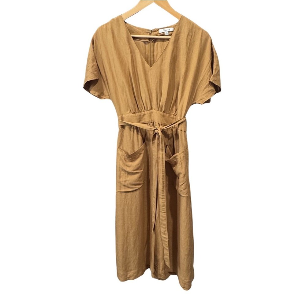 Madewell Camel Linen Blend Belted Midi Dress Women 0 V Neck Pockets Front Slit